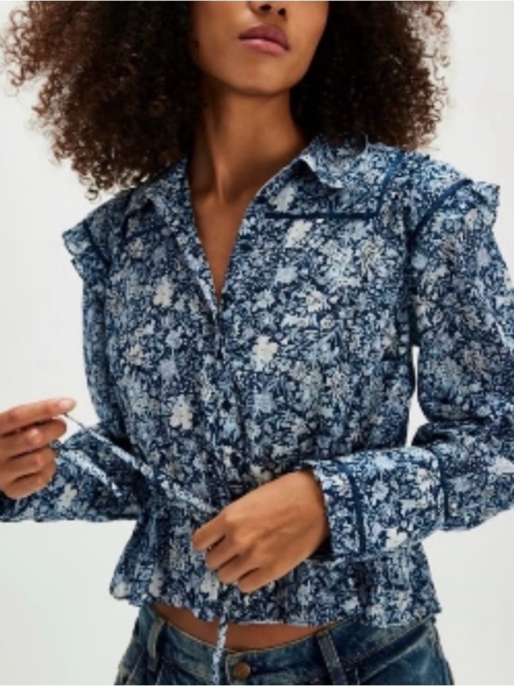 Free People Blue Floral Button-Down Ruffle Waist Tie Top